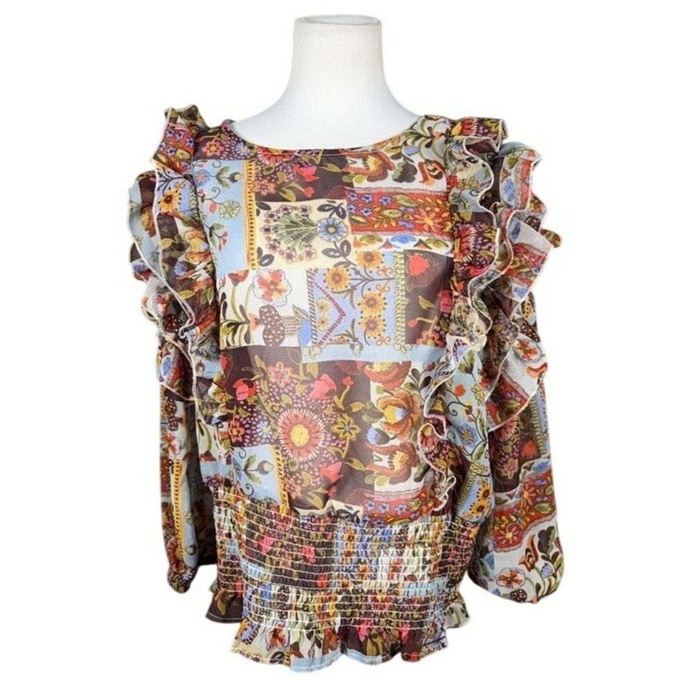 Moon‎ Orchid Floral Patchwork Ruffle Smocked Peplum Blouse 18/20 Multi-Color